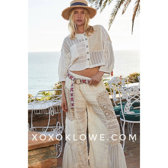 POL Cream Crochet Patch Pleated Ruffled Flowy Wide Leg Pants - Picture 10 of 16